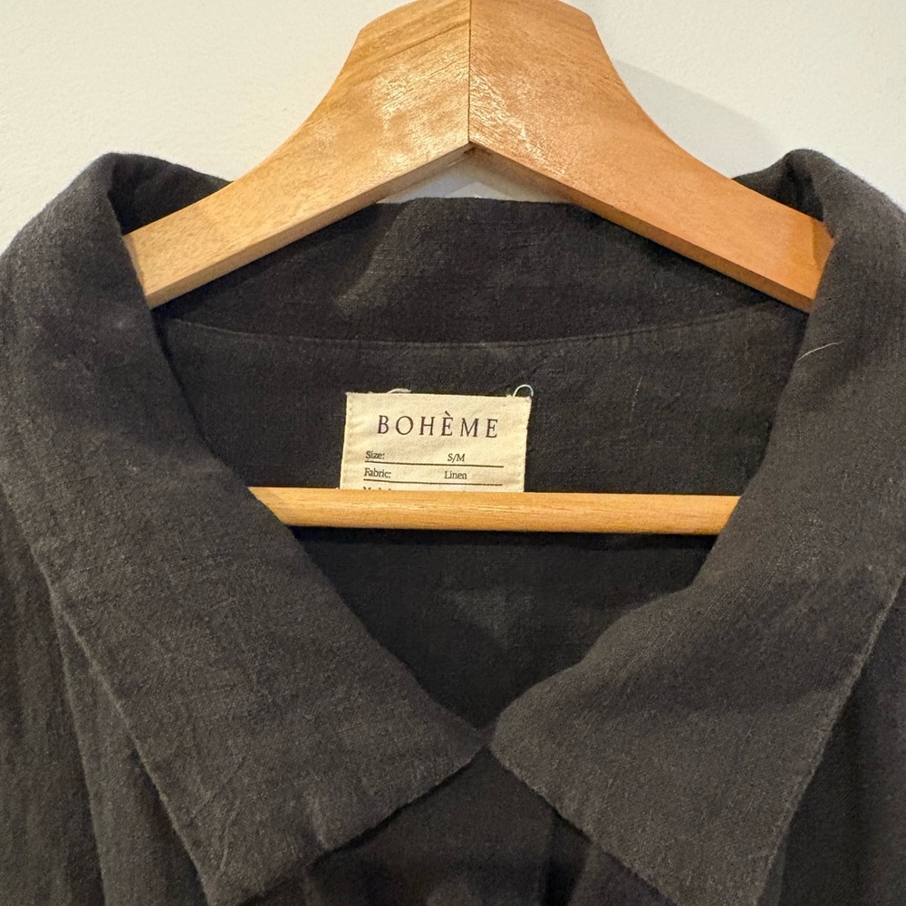 Bohéme 100% linen Charcoal Button-Down Shirt S/M - Picture 4 of 6